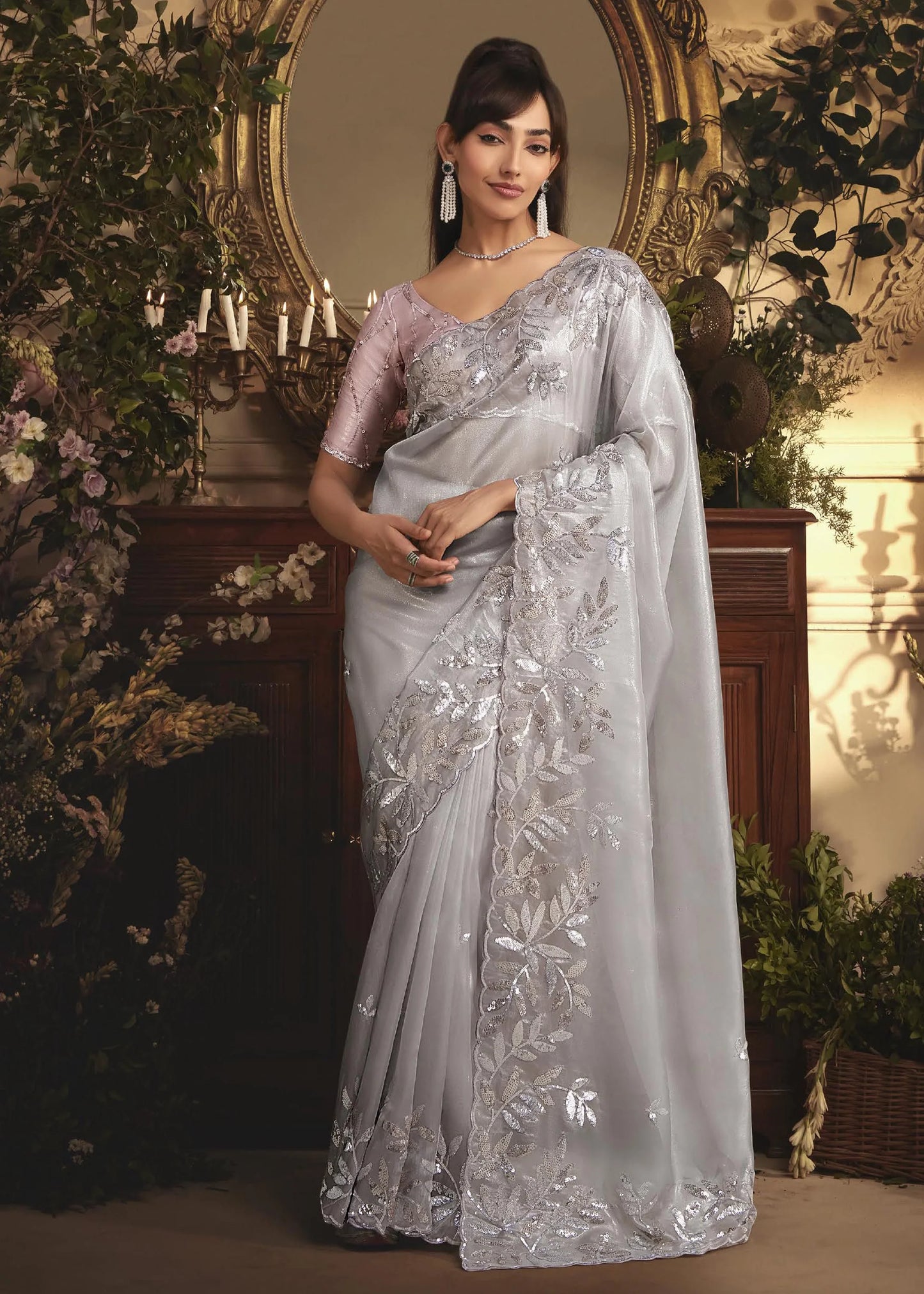 PLATINUM ORGANZA HANDWORKED SAREE
