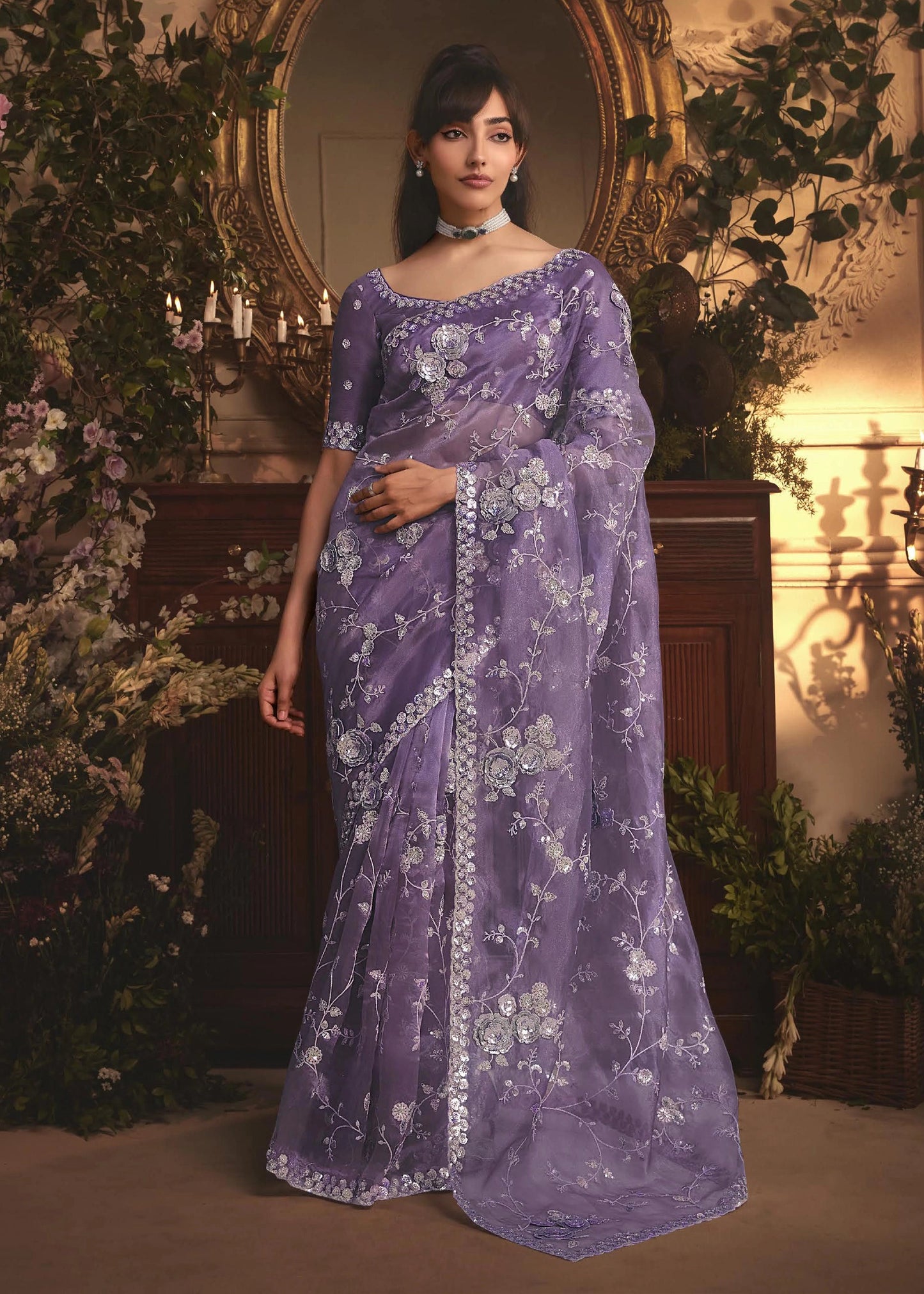 LILAC MIST ORGANZA TISSUE HAND WORKED SAREE