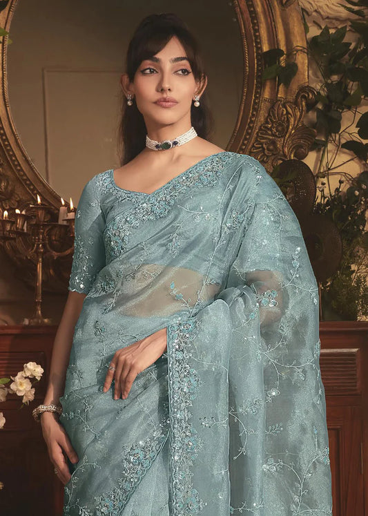 AQUA MIST ORGANZA TISSUE DESIGNER SAREE