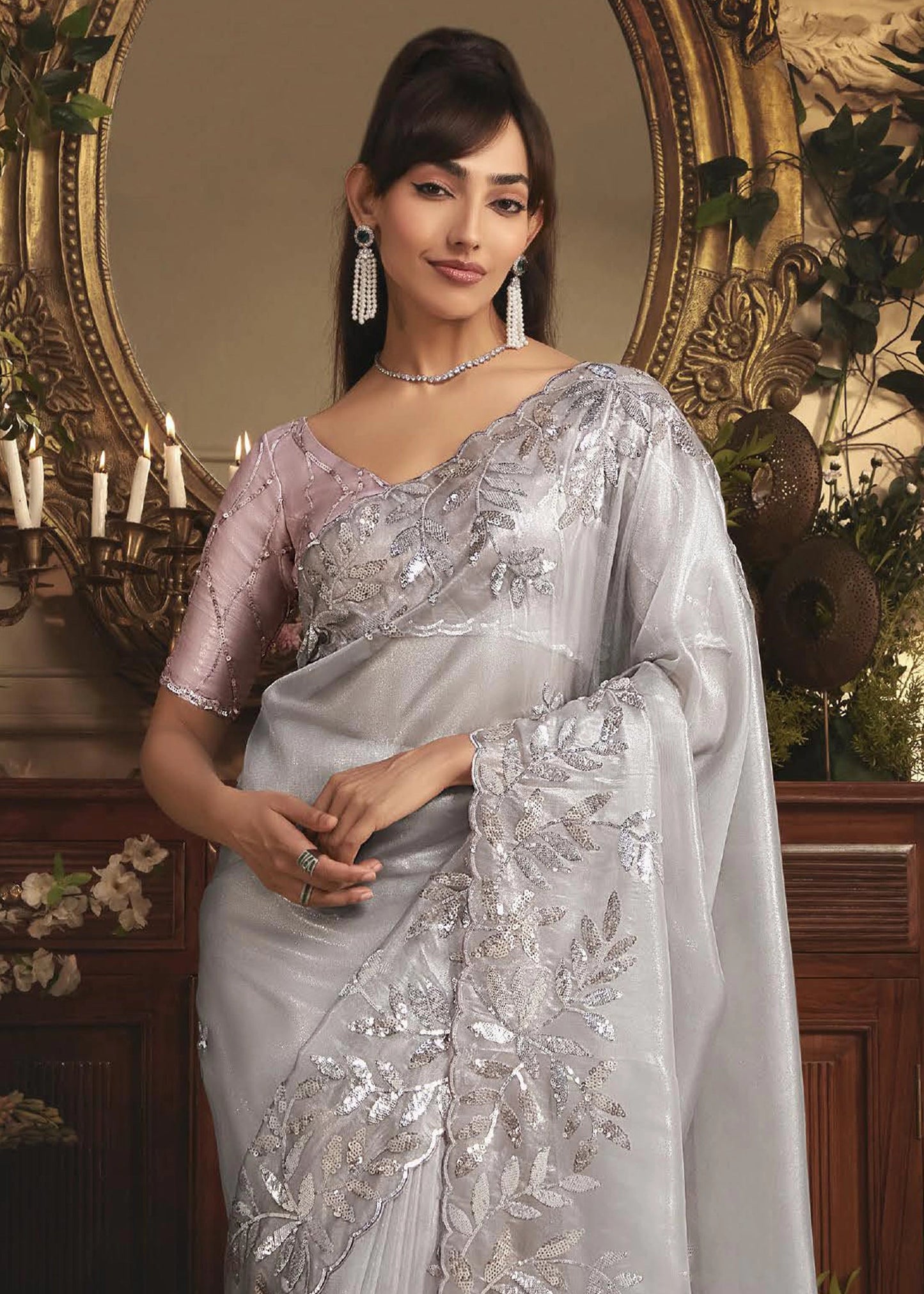 PLATINUM ORGANZA HANDWORKED SAREE