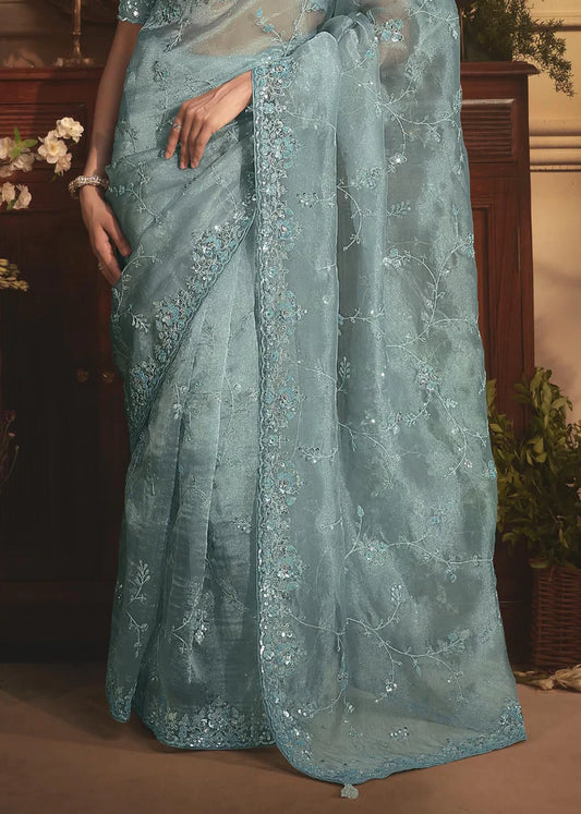AQUA MIST ORGANZA TISSUE DESIGNER SAREE