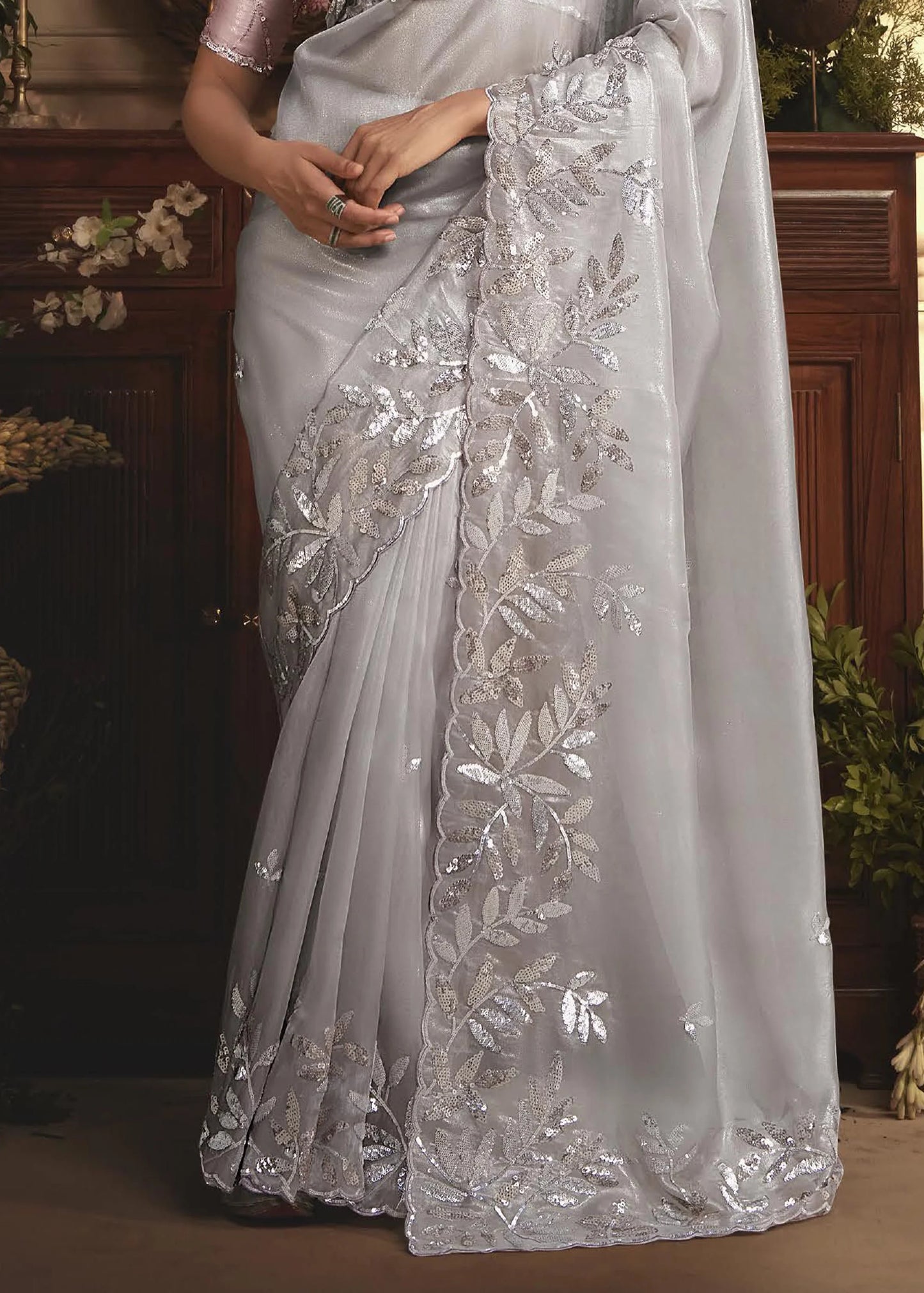 PLATINUM ORGANZA HANDWORKED SAREE