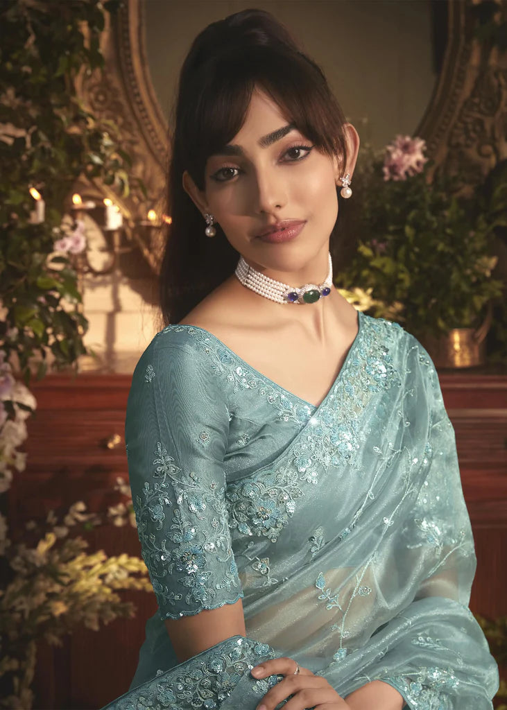 AQUA MIST ORGANZA TISSUE DESIGNER SAREE