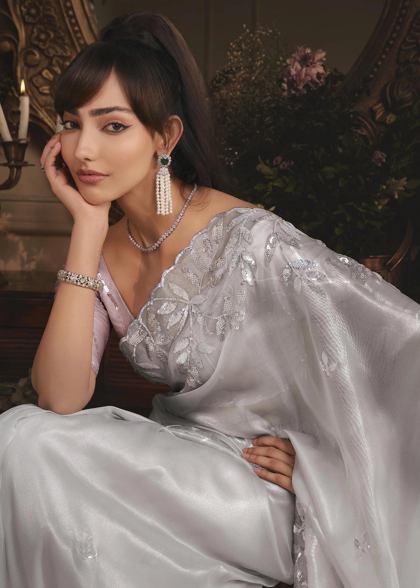PLATINUM ORGANZA HANDWORKED SAREE
