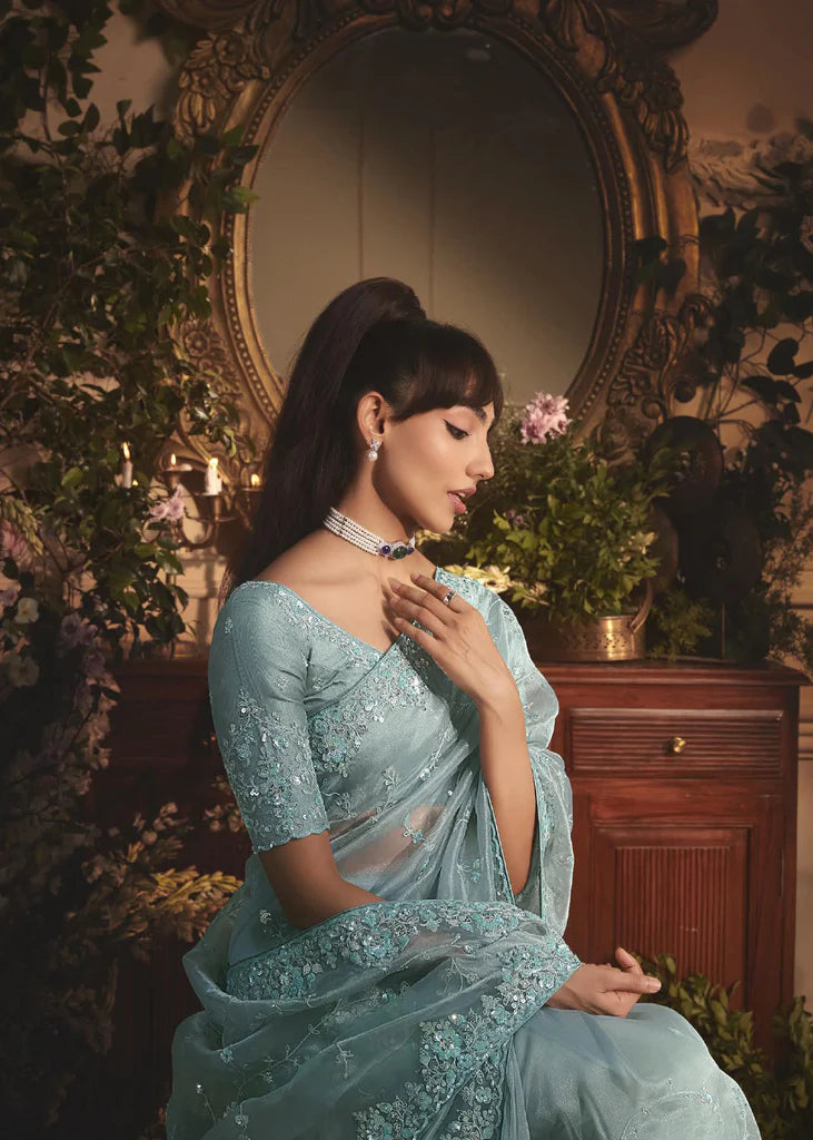 AQUA MIST ORGANZA TISSUE DESIGNER SAREE