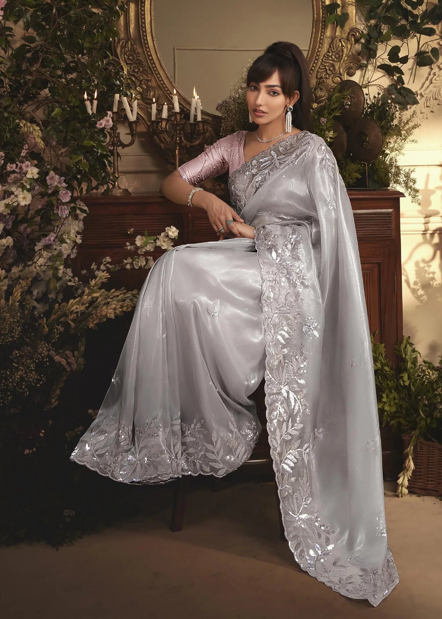 PLATINUM ORGANZA HANDWORKED SAREE