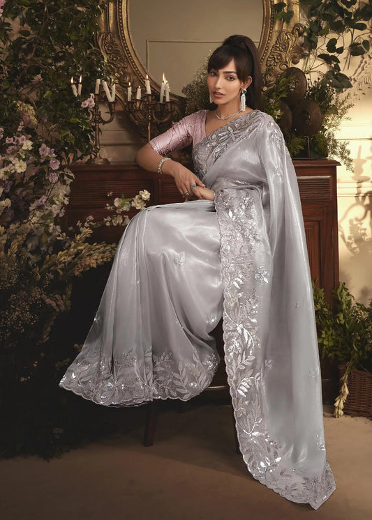 PLATINUM ORGANZA HANDWORKED SAREE