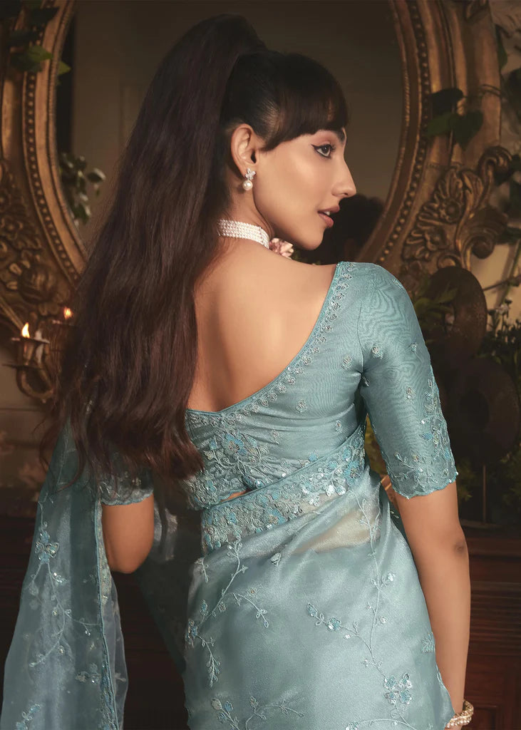 AQUA MIST ORGANZA TISSUE DESIGNER SAREE