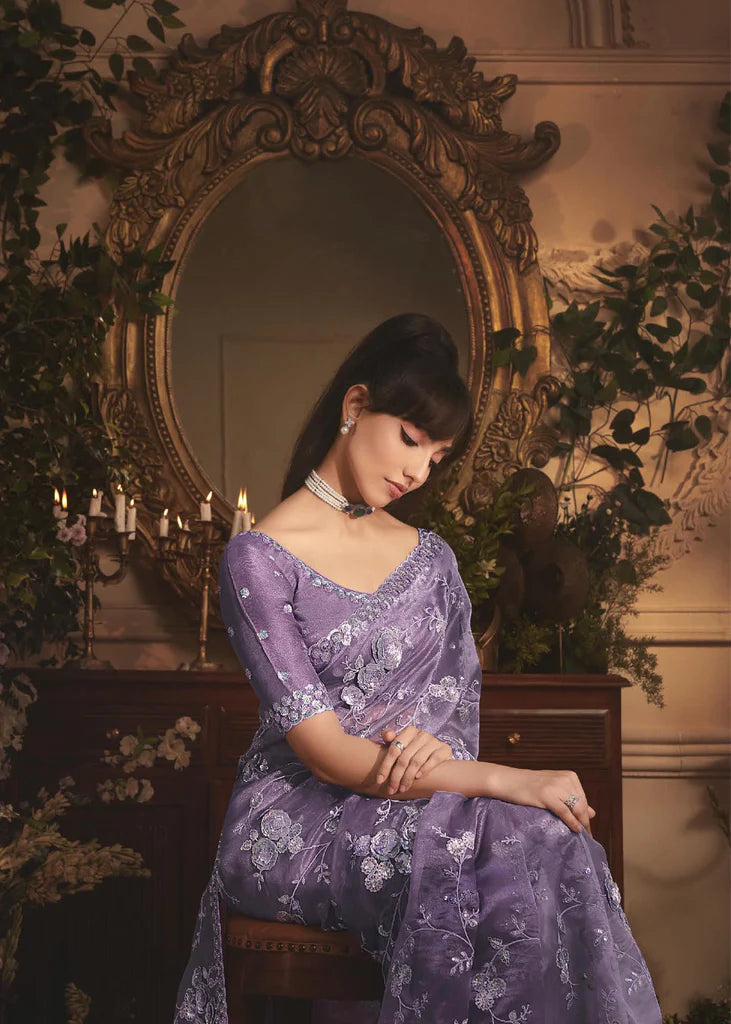 LILAC MIST ORGANZA TISSUE HAND WORKED SAREE
