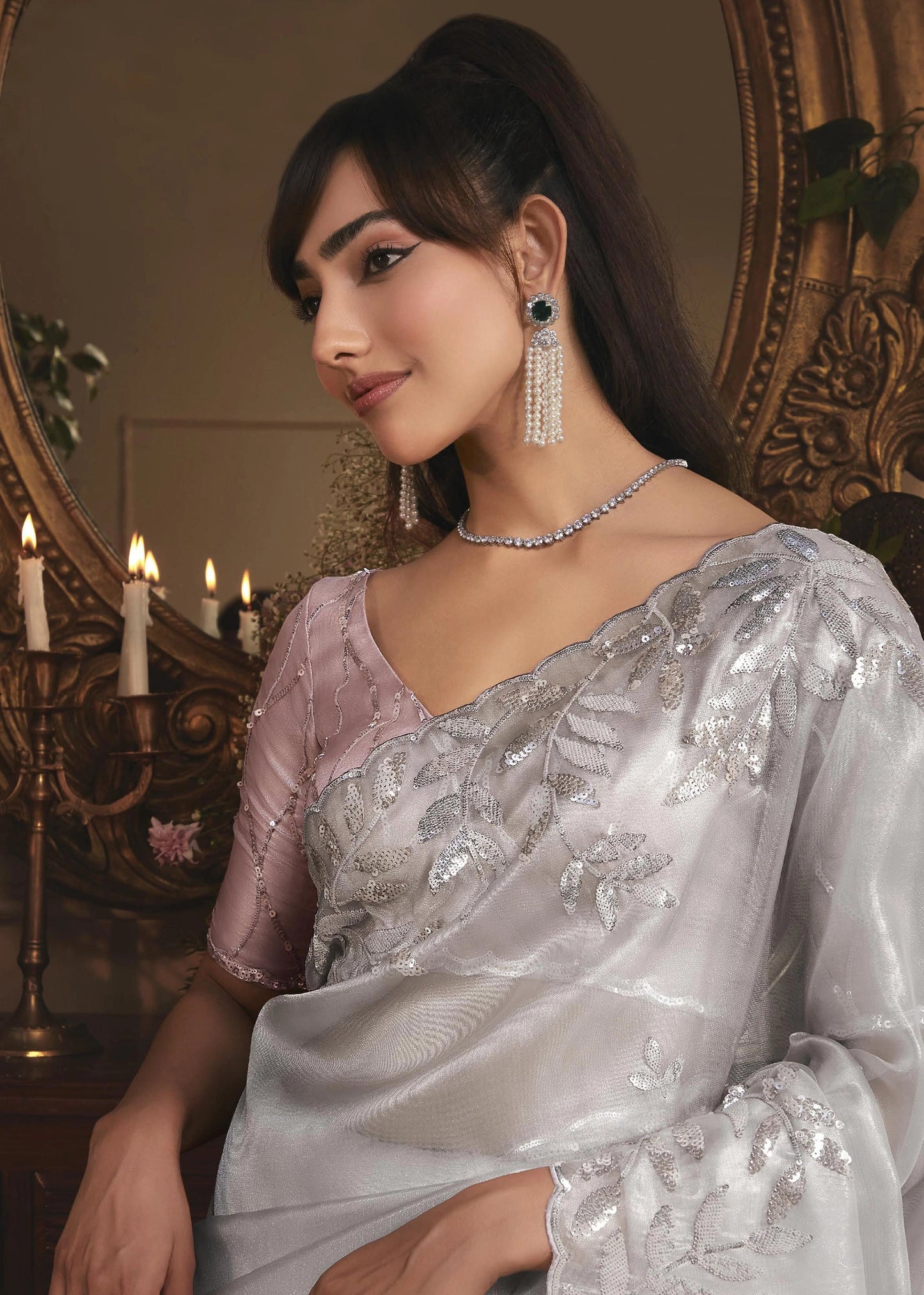 PLATINUM ORGANZA HANDWORKED SAREE