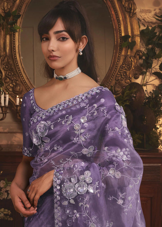 LILAC MIST ORGANZA TISSUE HAND WORKED SAREE
