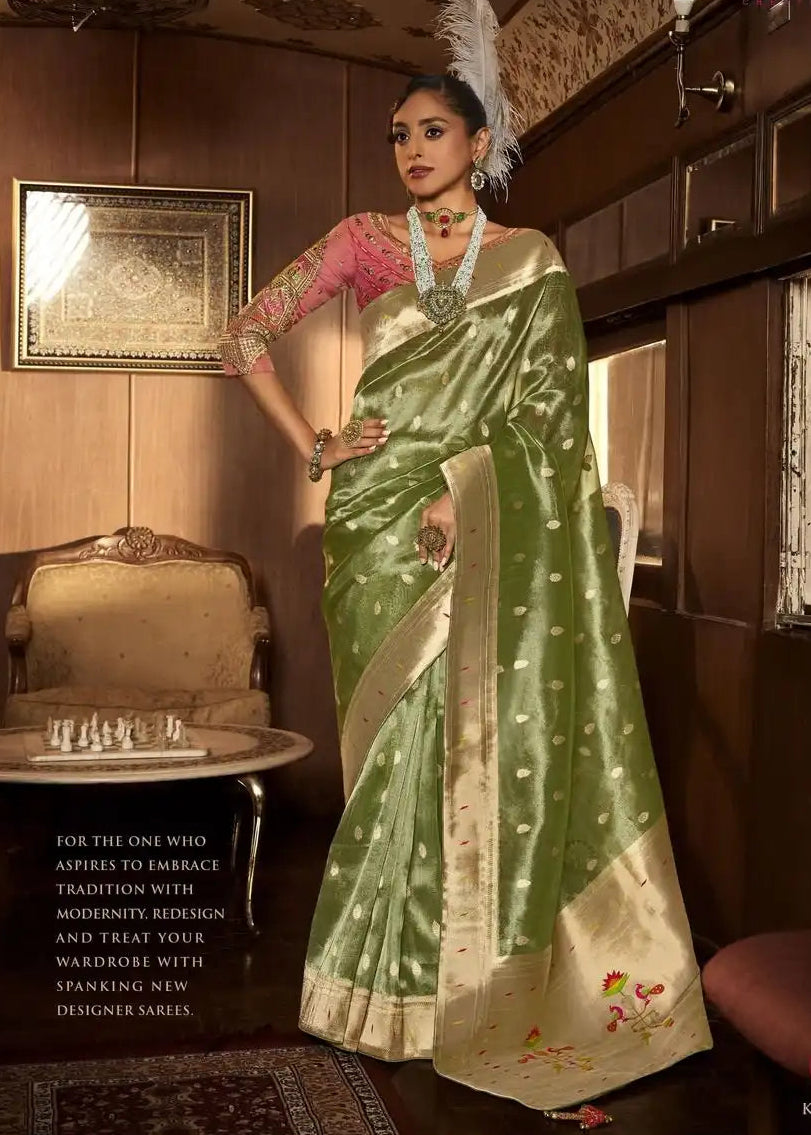 Unique fusion saree with pure tissue silk body and paithani border.