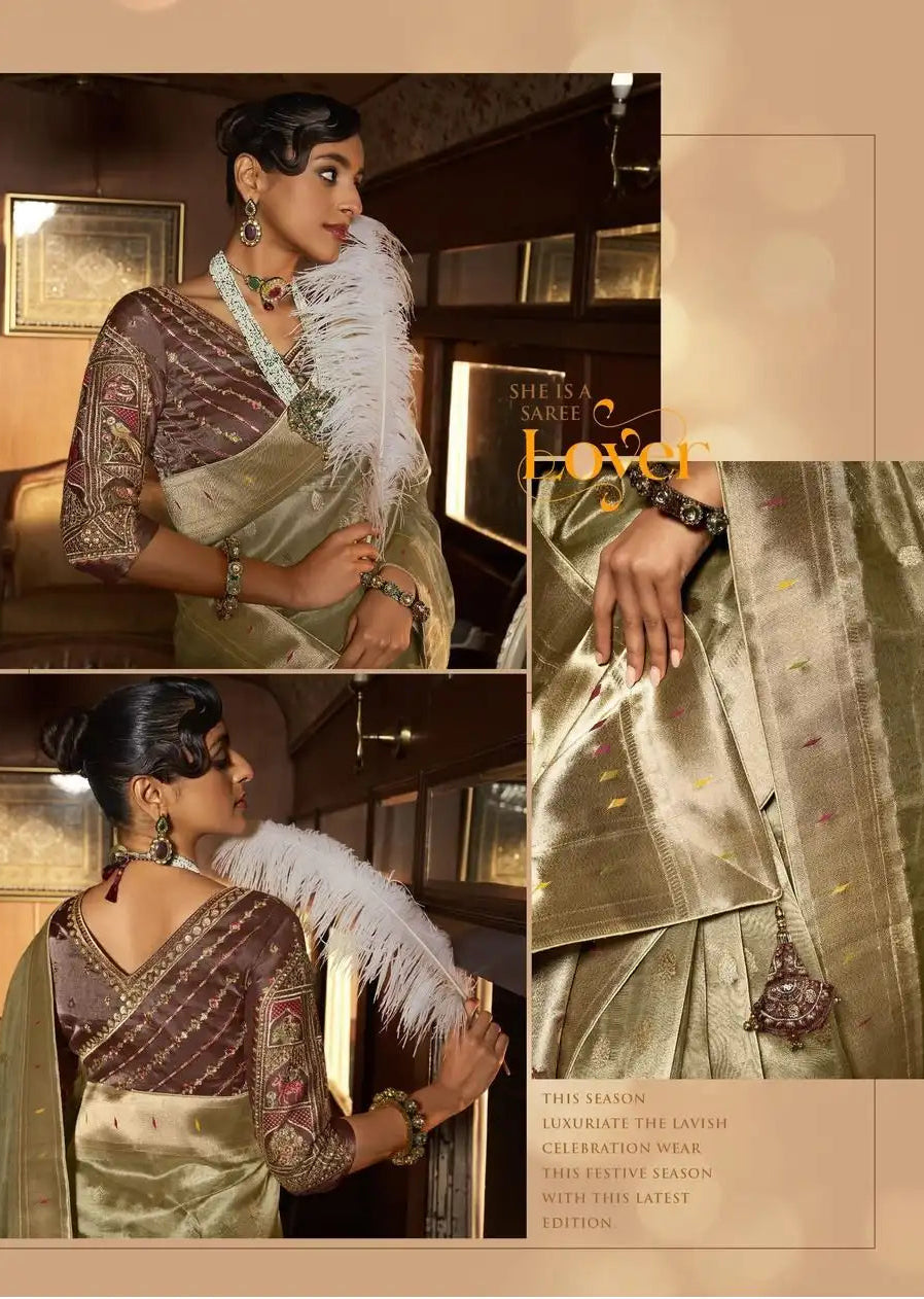 Unique fusion saree with pure tissue silk body and paithani border.