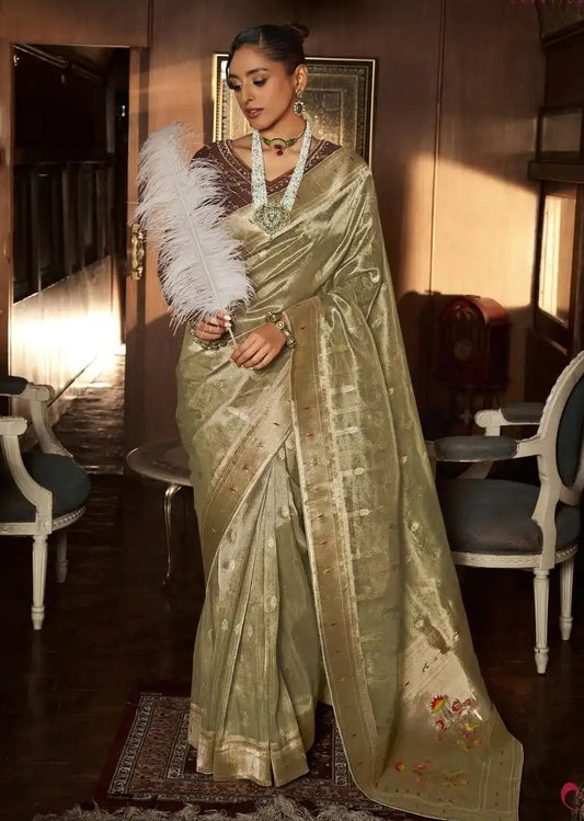 Unique fusion saree with pure tissue silk body and paithani border.