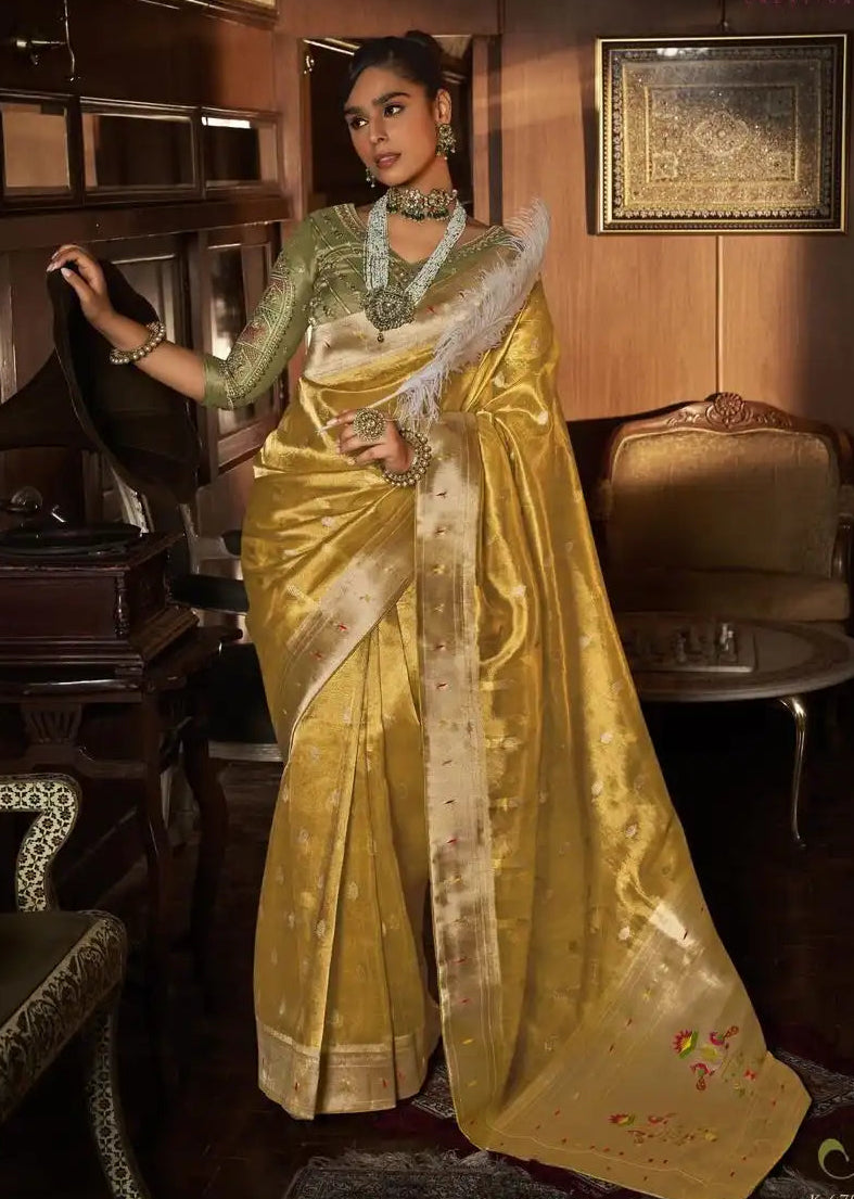 Unique fusion saree with pure tissue silk body and paithani border.