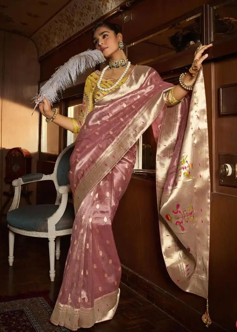 Unique fusion saree with pure tissue silk body and paithani border.