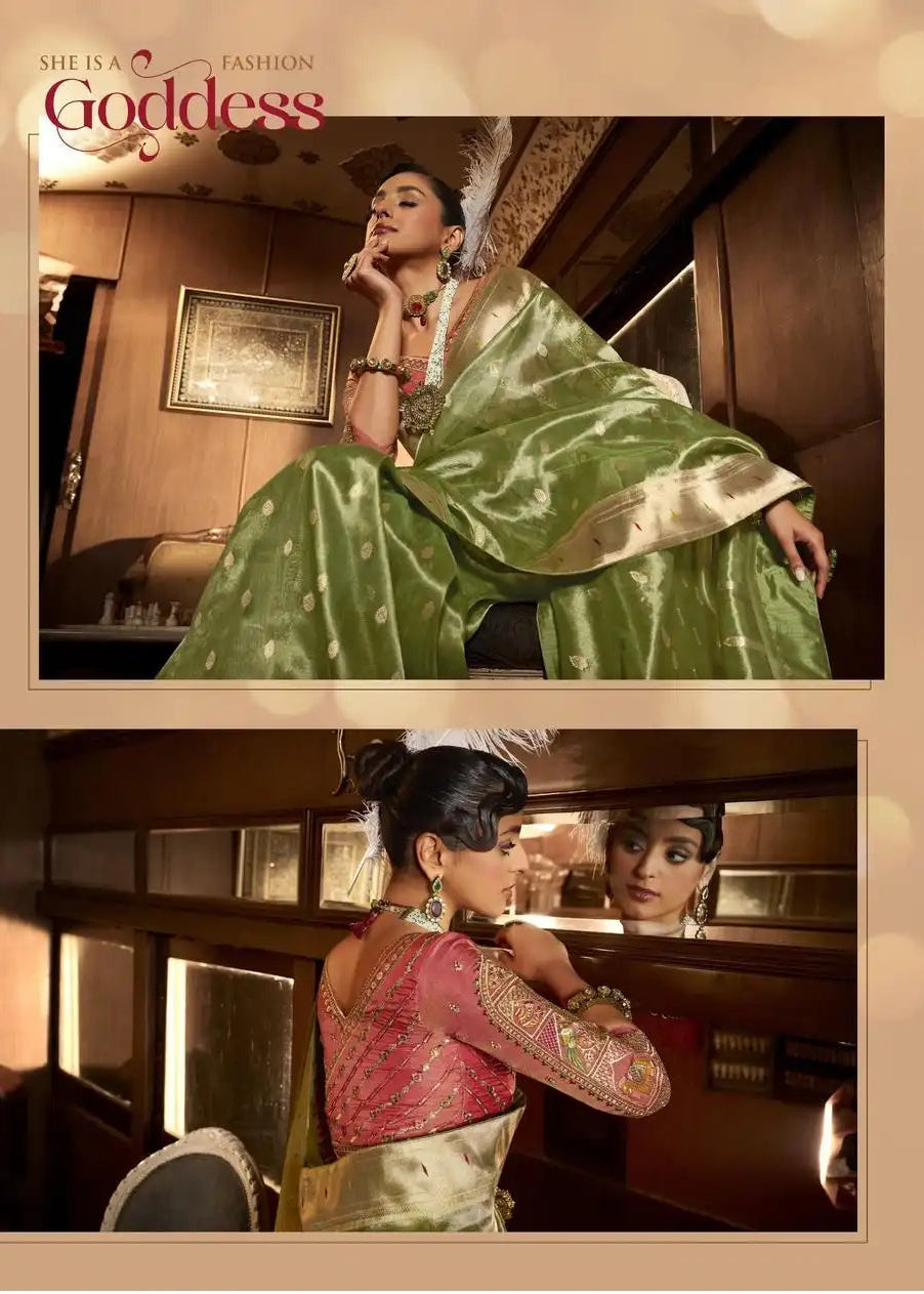 Unique fusion saree with pure tissue silk body and paithani border.